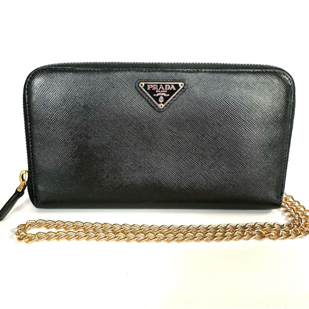 💯 PRADA Logo Dark Green Saffiano Leather Zippered Wallet on Chain w/ auth cert